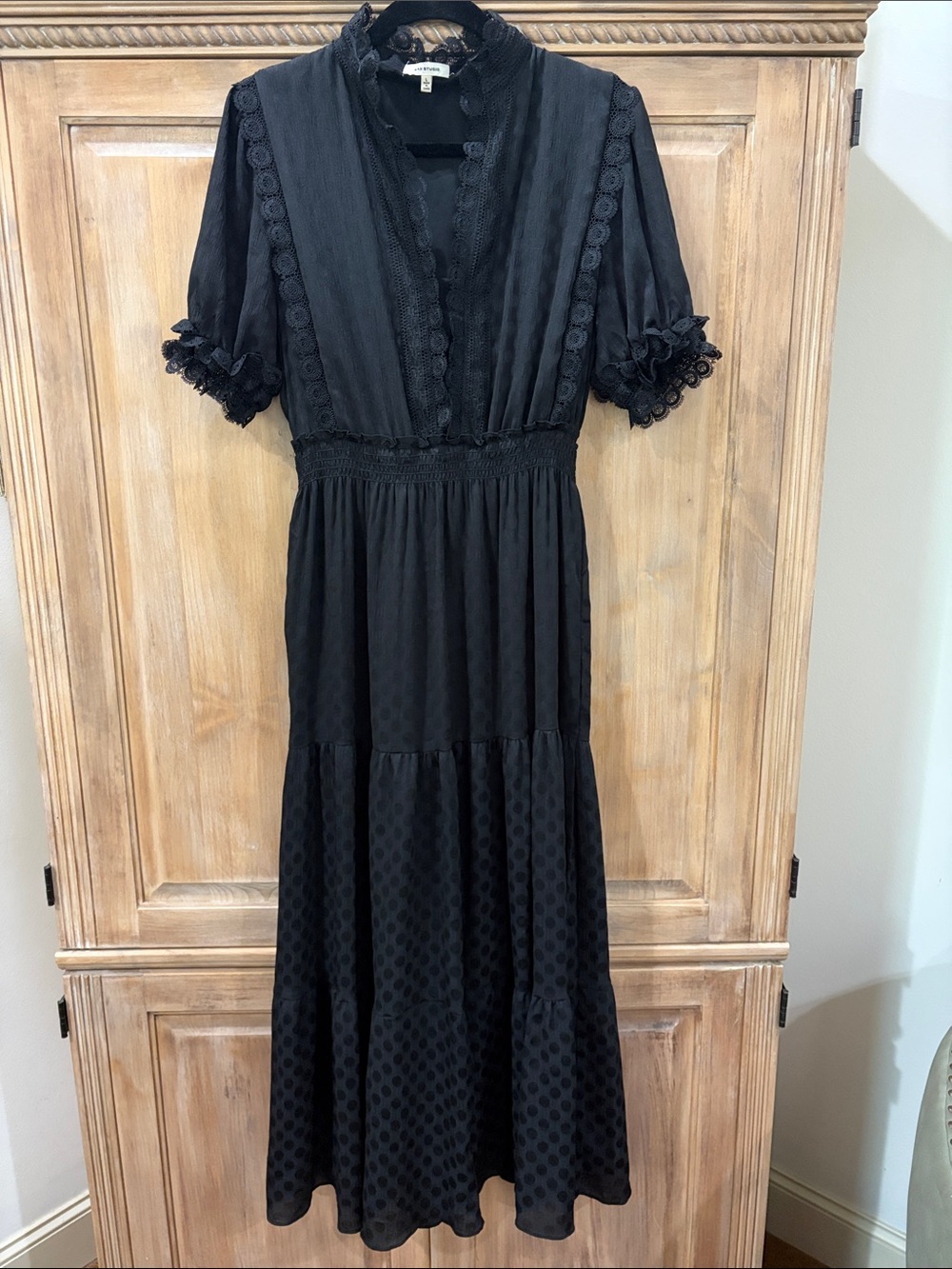 Max Studio Black Tiered Lace-Trim Maxi Dress